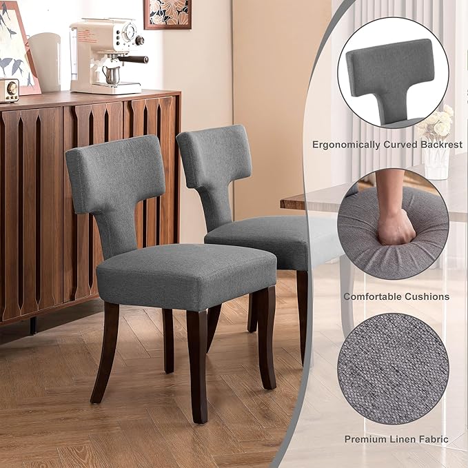 Mid Century Modern Dining Chairs Set of 4, Upholstered Side Dining Chairs with Curved Back Linen Fabric Armless Wood Chairs Kitchen & Dining Room Farmhouse Chairs (Gray)