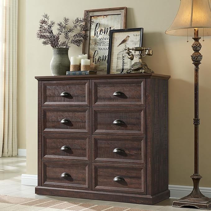 Farmhouse 8 Drawer Dresser for Bedroom, 39" Tall Dressers & Chests of Drawers, 42" Wide Dressers Organizer Storage, Wood Rustic Bedroom Dresser for Closet, Living Room, Hallway, Brown