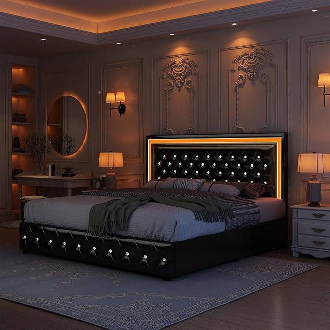 King Led Bed Frame with 4 Storage Drawers, Bed Frame with Led Lights No Box Spring Needed, 900 lbs Capacity, Easy Assembly, PU Black