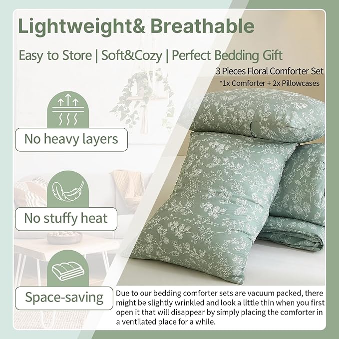 EAVD King Size Comforter Set Sage Green Floral Comforter Set Soft Microfiber Chic Cute Garden Floral Bedding Set with 2 Pillowcases Fresh Reversible Botanical Bedding Set for All-Season