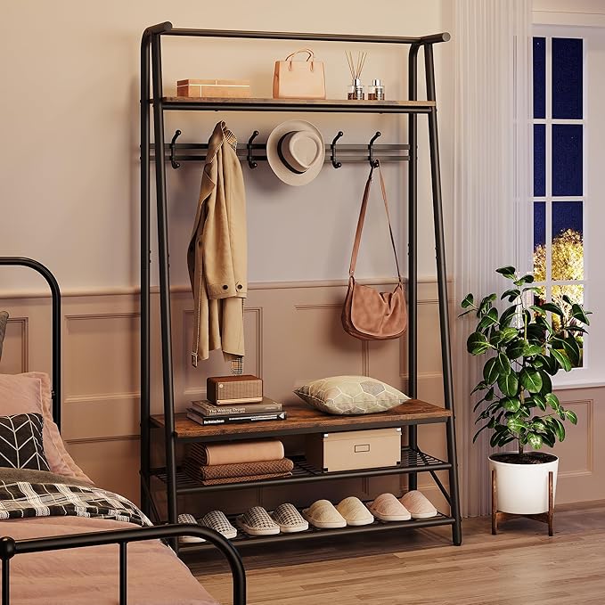 MDF Hall Tree with Bench, 4-in-1 Entryway Coat Rack with Storage Shelf & Shoe Organizer, Sturdy Freestanding Furniture for Living Room, Bedroom, Mudroom