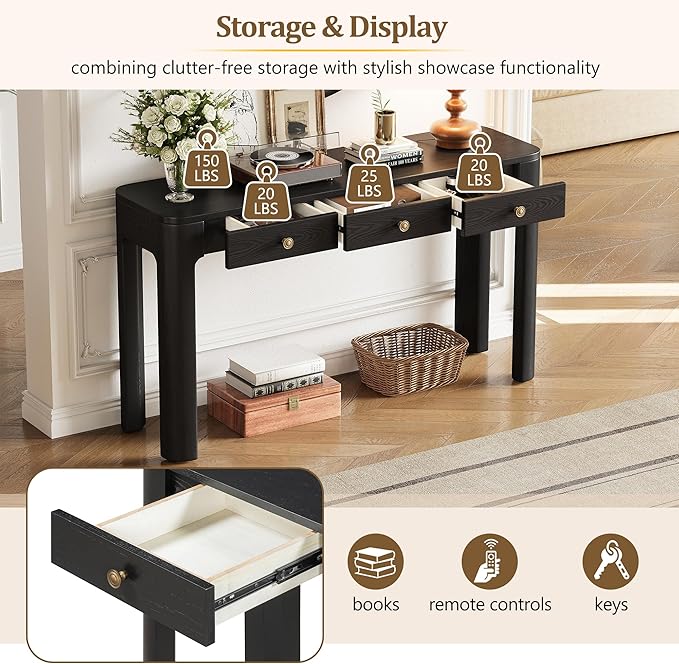Merax 52" Console Table with 3 Drawers, Rustic Entryway Table with Curved Corners, Narrow Long Sofa Table for Living Room, Hallway, Entrance, Behind Couch, Foyer, Sturdy Thick Legs, Black