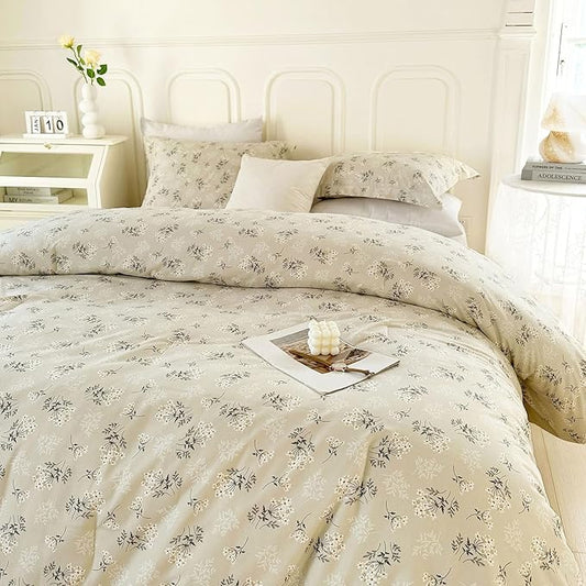 EAVD Garden Style Floral Comforter Set Twin XL Soft Washed Microfiber Beige Bedding Comforter Set with 2 Pillowcases Boho Reversible Floral Botanical Comforter Set for Teen Girl