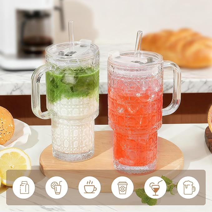 17oz Water Glass Tumbler with Handle & Lid Coasters, Reusable Iced Coffee Cups with Straws – Set of 2, Glass Cups for Smoothies, Juice, Coffee, Tea