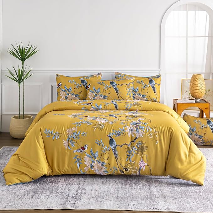 King Size Floral Comforter Soft Cute Floral Bedding Comforter Sets Garden Style Tree Branches Flowers Birds Print Botanical Comforter Set for All Seasons 1 Comforter and 2 Pillowcases