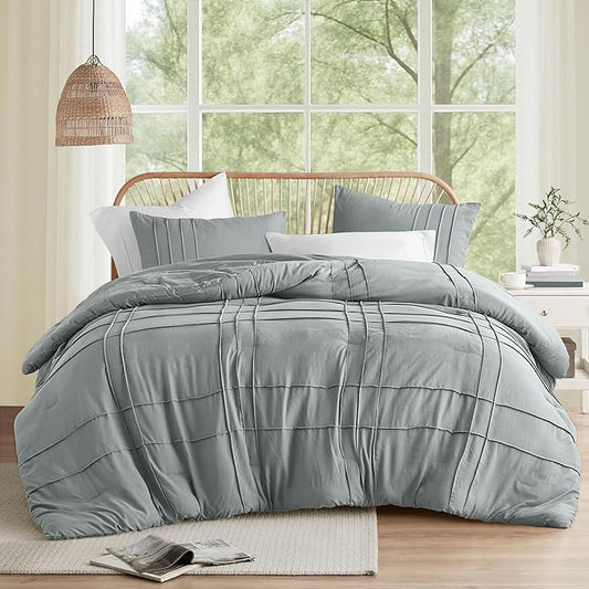 Comfort Spaces Blue/Grey Cal King Size Comforter Set - 3 Pieces Pintuck Pleated Bedding Sets, All Season Lightweight, Extra Softness Pre-Washed Microfiber Cal King Bed Set, Shams, Cal King