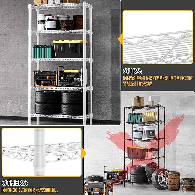 1250 lbs 5 Tier Shelf Metal Storage Shelves Wire Rack Closet Organizers for Garage Kitchen Bathroom Laundry White 11.8" D x 29.5" W x 59.5" H