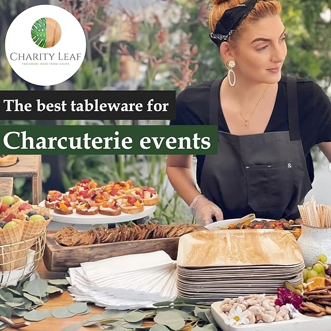 Charity Leaf Disposable Palm Leaf 12" Square Plates (25 pieces) Bamboo Like Serving Platters, Disposable Boards, Eco-Friendly Dinnerware For Weddings, Catering, Events