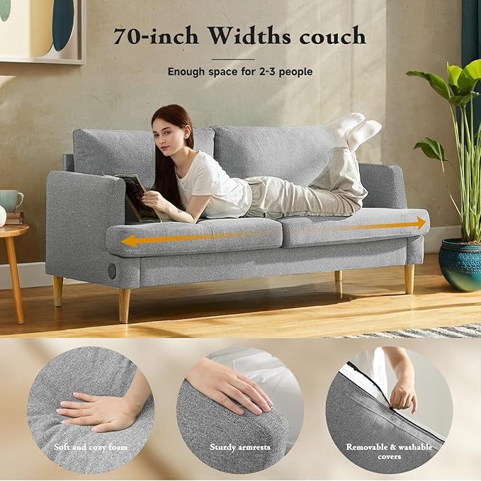 Loveseat Sofa Couch for Living Room with USB Type C Ports – Light Gray Upholstered 70" Small Couches for Bedroom, Office or Apartment–Modern 2-Seater Deep Seating with Soft Cushions & Sturdy Frame