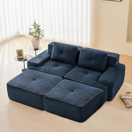80" Modern Compressed Boneless Love Seat Couches with 2 Ottomans, 2 Seater Large Sectional Couches for Living Room, Blue Corduroy Cloud Modular Sectional Sofa, Memory Foam, Deep Loveseat, No Assembly