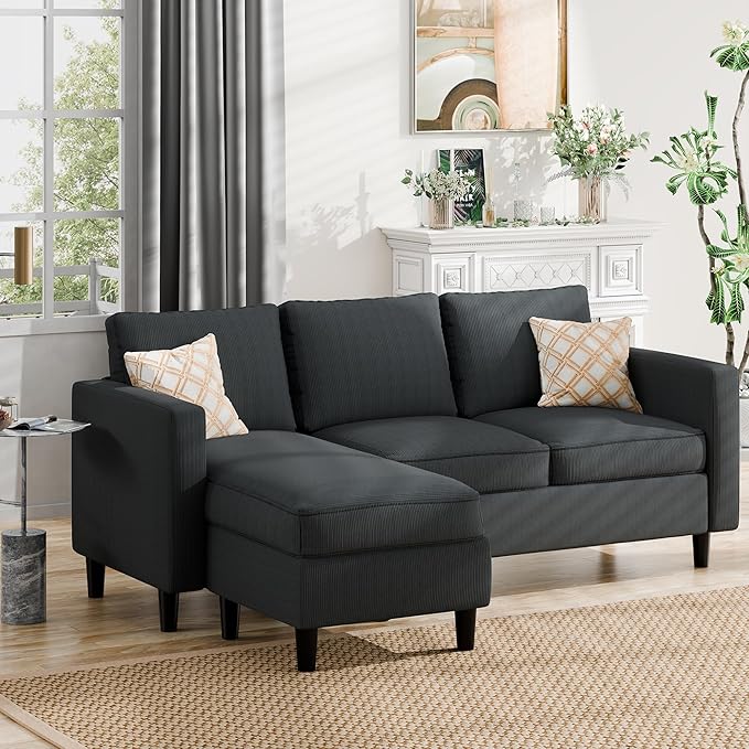 JAMFLY Sectional Sofa Couch Convertible L Shaped Sofas with Ottoman Small Sectional Couches for Living Room, 3 Seater Couch for Small Spaces, Dark Grey