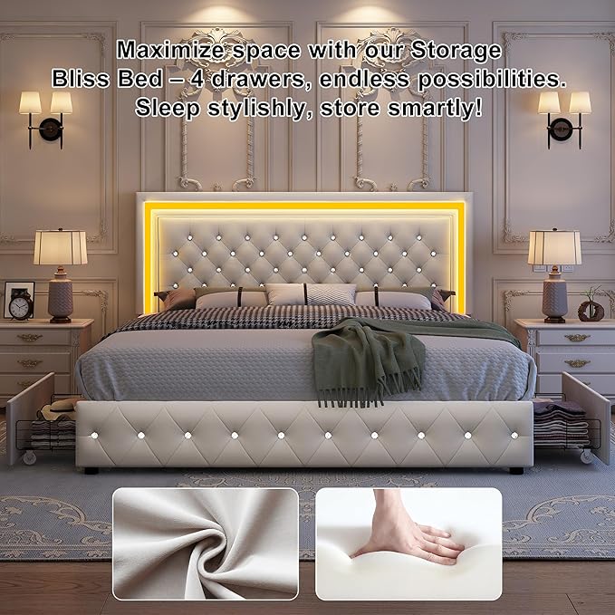 Queen led Bed Frame with 4 Drawers, Upholstered Platform Bed with Solid Wooden Slats Support, No Box Spring Needed, 900 lbs Capacity, Easy Assembly, Velvet Cream