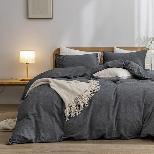 BESTOUCH Duvet Cover Set 100% Washed Cotton Linen Feel Super Soft Comfortable Chic Lightweight 3 PCs Home Bedding Set Solid Dark Black Cal King