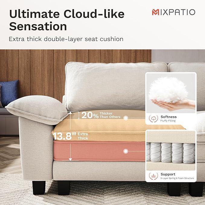 Cloud Couch Sectional Sofa Set, Plush 24.4-Inch Deep 7-Seat Sectional with Velvety Chenille & Removable Arms for Living Room and Apartment, Beige