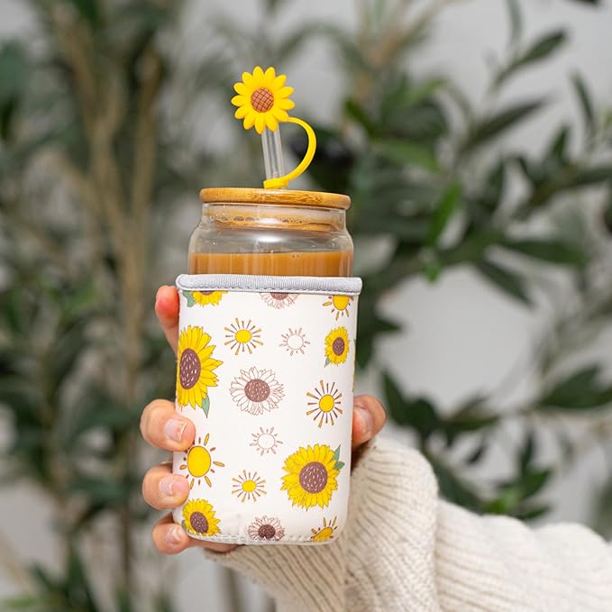 Sunflower Gifts for Women - Glass Tumbler with Lid and Straw, Customized Straw Stopper and Cup Sleeve. Aesthetic Unique Design Iced Coffee Gift Cup for Mom, Teacher, Friend