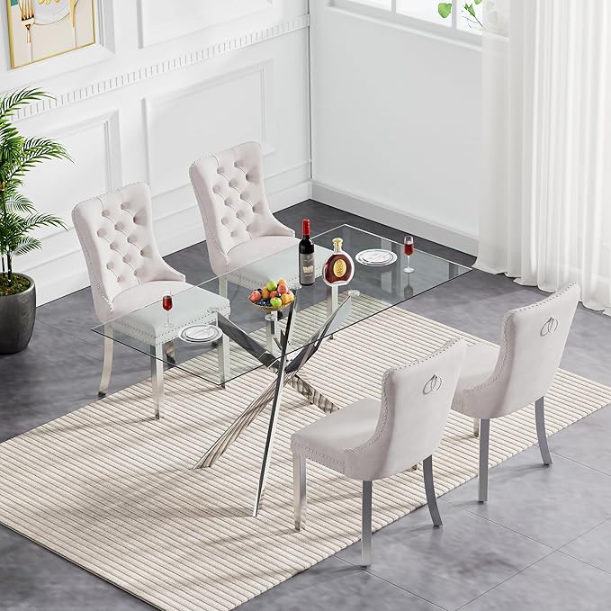 Goujxcy Glass Dining Table Set for 4, Modern Kitchen Table and Chairs Set of 4, 5-Piece Kitchen Dining Room Table Set w/61 Glass Silver Dining Table and 4 Beige Velvet Upholstered Chairs