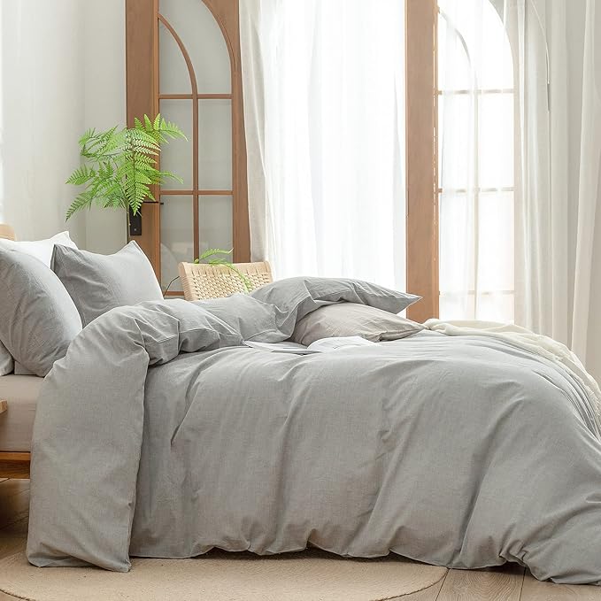 BESTOUCH Duvet Cover Set 100% Washed Cotton Linen Feel Super Soft Comfortable Chic Lightweight 3 PCs Home Bedding Set Solid Light Grey Oversized King