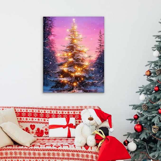 Framed Christmas Pictures Wall Decor,Vintage Pine Tree Prints,Winter Christmas Canvas Wall Art Decoration for Bedroom Bathroom Living Room Rustic Xmas Holiday Gifts (Christmas Tree 18, 20'' X 32'')