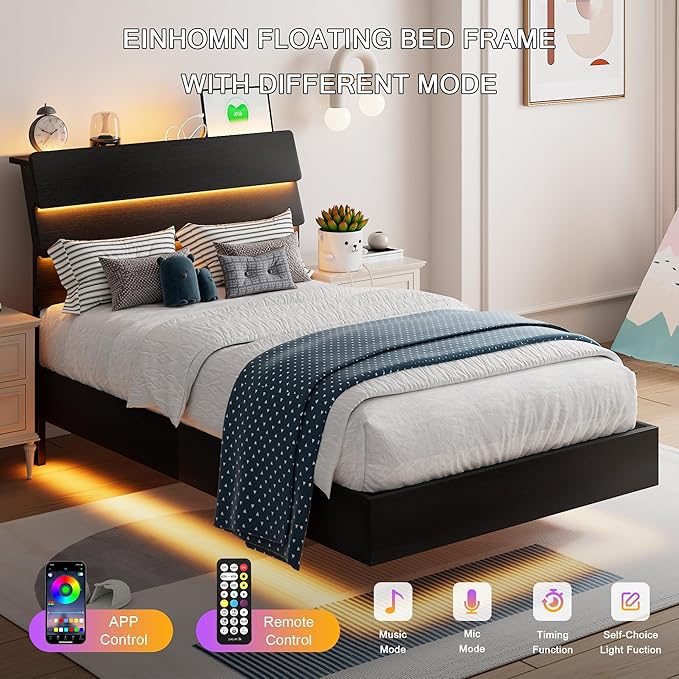 Floating Bed Frame Twin Size with Led Headboard and Charging Station, Metal Platform Bed Base with Storage, Remote Control, Heavy Slats Support, No Box Spring Needed, Noise Free, Black