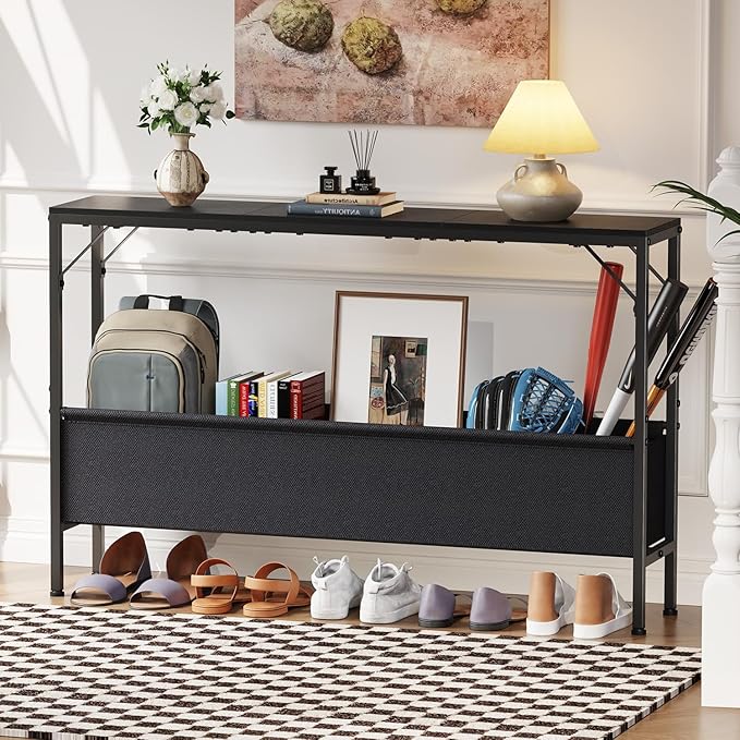 Narrow Console Table with Storage Basket, 47.2'' Behind The Couch Table, Entryway Table, Skinny Console Table, Small Sofa Table, Display Table for Hallway, Foyer, Living Room, Black