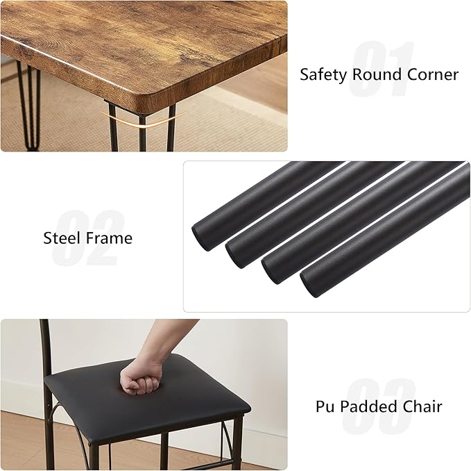 VECELO 3 Piece Dining Table Set for 2, Kitchen Table Set with 2 Chairs for Small Space, Space-Saving and Modern Design, Apartment, Easy to Assemble,Brown