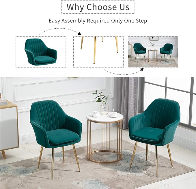 ECOTOUGE Matte Velvet Dining Chairs Set of 2, Modern Arm Chair with Golden Metal Legs, Living Room Accent Chairs for Kitchen, Emerald Green