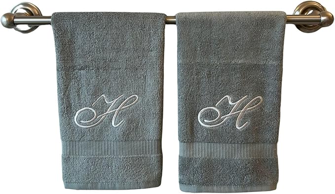 Gray Monogrammed Hand Towels for Bathroom - Luxury Hotel Quality Personalized Initial Embroidered Towel for Powder Room, Spa - GOTS Organic Certified - Set of 2 Silver Letter H