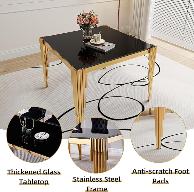 5 Piece Glass Dining Table Set, 35" Square Tempered Glass Kitchen Table with 4 Black Velvet Upholstered Chairs, Dining Chairs Set of 4 for Kitchen, Living Room (Black, Gold)