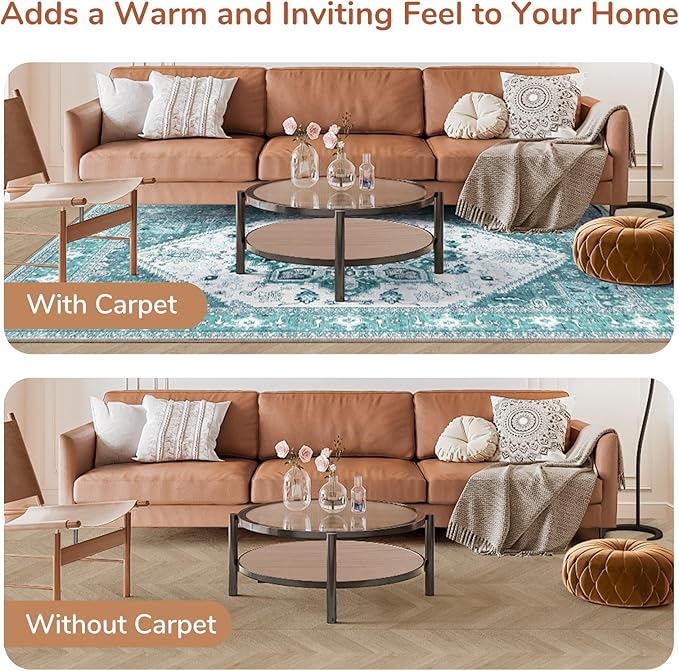 OPPODREAM Thin Area Rugs 3x5, Washable Rugs with Non Slip Backing, Low-Pile Throw 3x5 Carpet, Faux Cashmere 3 x 5 Carpet, Teal & Turquoise & Cream