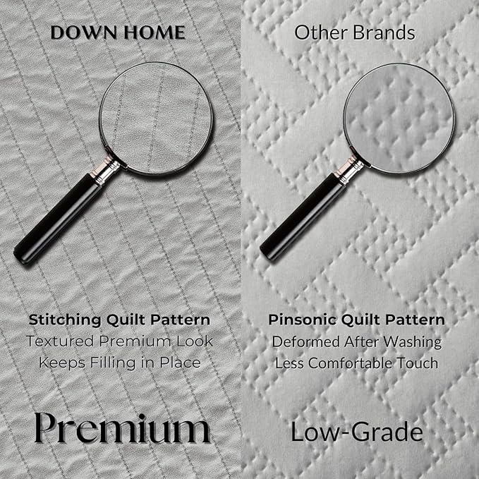 DOWN HOME King Quilt Bedding Set with Shams, Vintage Washed Soft Quilted Blanket Thin Comforter Lightweight Bedspread Coverlet Bed Cover, Brushed Microfiber Stripe Stitching, Light Gray, 104"x90"