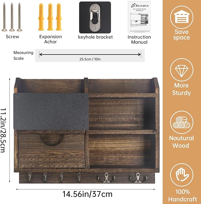 Key Holder Wall Mount, 14.5x11.2x3.5'' Larger 3-Tier Shelf 8 Hooks Drawer Storage,Wooden Key and Mail Holder for Wall,Farmhouse,Home,Living Room,House,Office Decor,Hats,Bag,Dog Leash Hanger Organizer