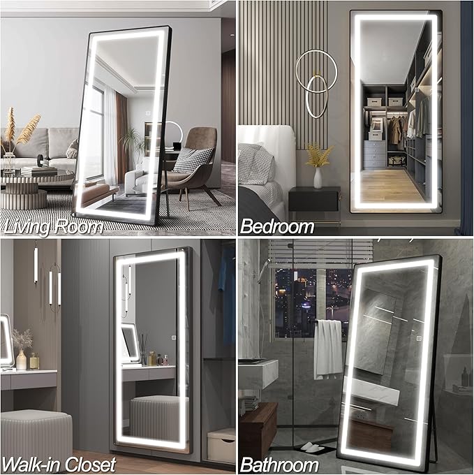 FENNIO Full Length Mirror with Lights, 71"x32" LED Full Body, Free Standing Lighted Floor Mirror, Wall Mounted Hanging Mirror for Bedroom, Salon, 3-Color Lighting [Tempered Glass]