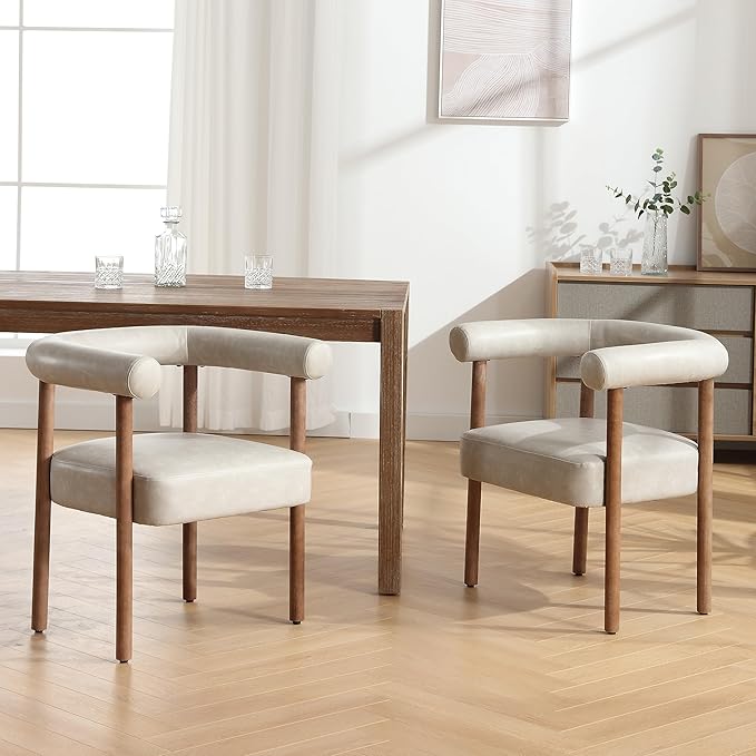 PU Leather Dining Chairs Set of 2, Modern Upholstered Dining Chairs, Curved Backrest Kitchen Dining Room Chairs Accent Chairs Arm Chairs with Natural Wood Legs, Grey