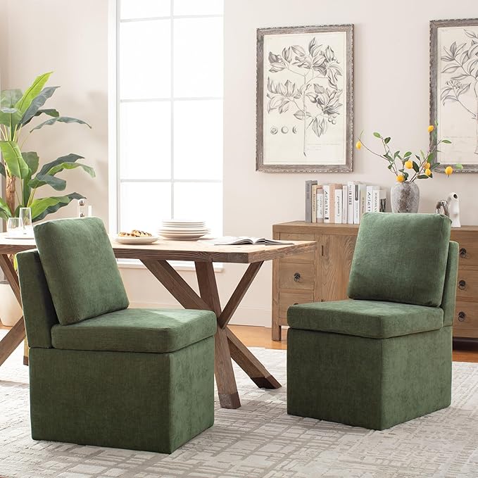 VKNOW Upholstered Dining Chairs, Modern Kitchen Chairs with Storage, Linen Armchair Dining Room Chairs for Kitchen Room (Green, Set of 1)