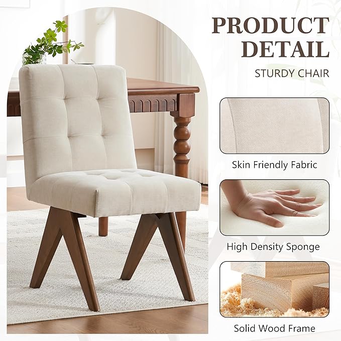 Rowill Modern Upholstered Dining Chairs Parsons Chair Linen Fabric Kitchen Chairs Tufted Armless Dining Room Chairs with Wood Legs Set of 6, Beige
