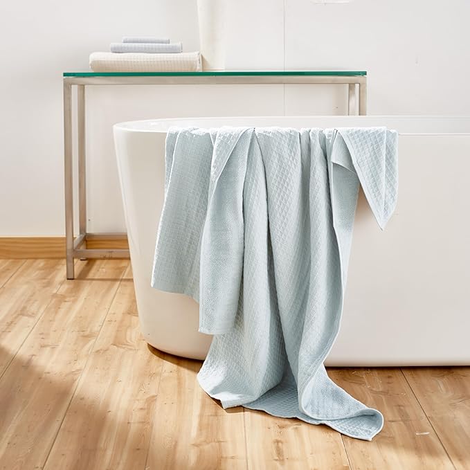 UCHINO Waffle Twist Cotton Weave Washcloth Towel for Bathroom Lightweight Absorbent Quick Dry Honeycomb Texture Solid Terry Loop Reverse 13" x 13", 1 Wash Cloth, Ocean Blue