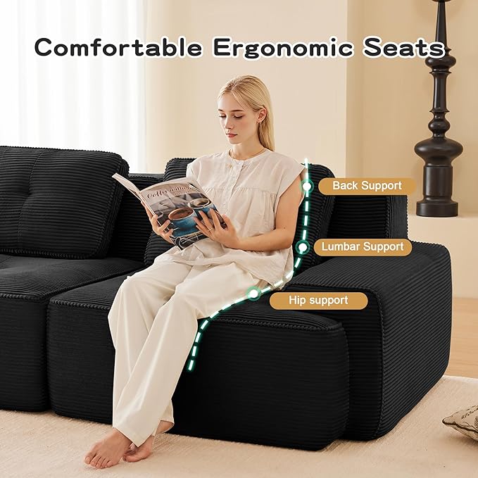 150.4'' Sectional Sofa, 32D Foam Corduroy Boneless Couch with Pillow, Deep Seat Wide Arm Sectional Couch for Apartment, Living Room, Bedroom