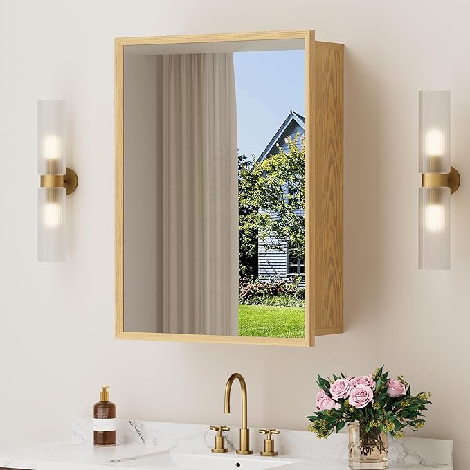 24x30 Inch Wood Medicine Cabinet with Mirror, Surface or Recessed Mounted Bathroom Cabinets with Adjustable Shelves, Soft-Close Hinges, Wall Mounted Cabinet for Storage, Oak-Grain