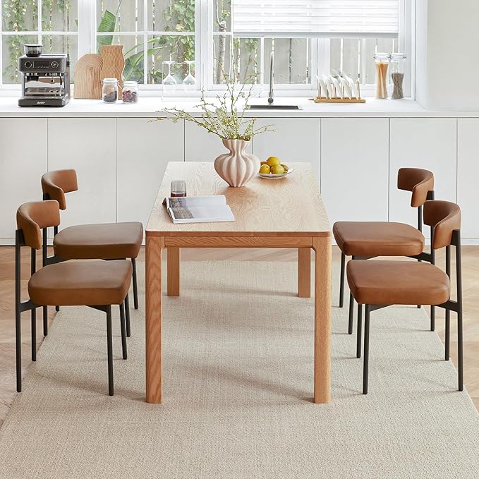 Brown Faux Leather Dining Chairs Set of 4, Armless Upholstered Kitchen Chair,Modern Dining Room Chair with Curved Backrest