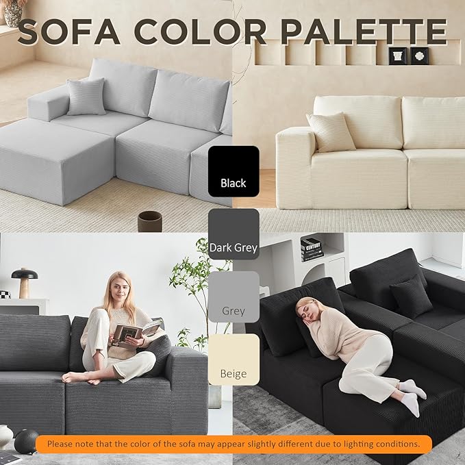 INGEROOM 108" Cloud Sectional Couch with Chaise, Modular L-Shaped Sofa Deep Seat Comfy Corduroy Memory Foam Couch for Living Room Bedroom, No Assembly Required, Dark Gray