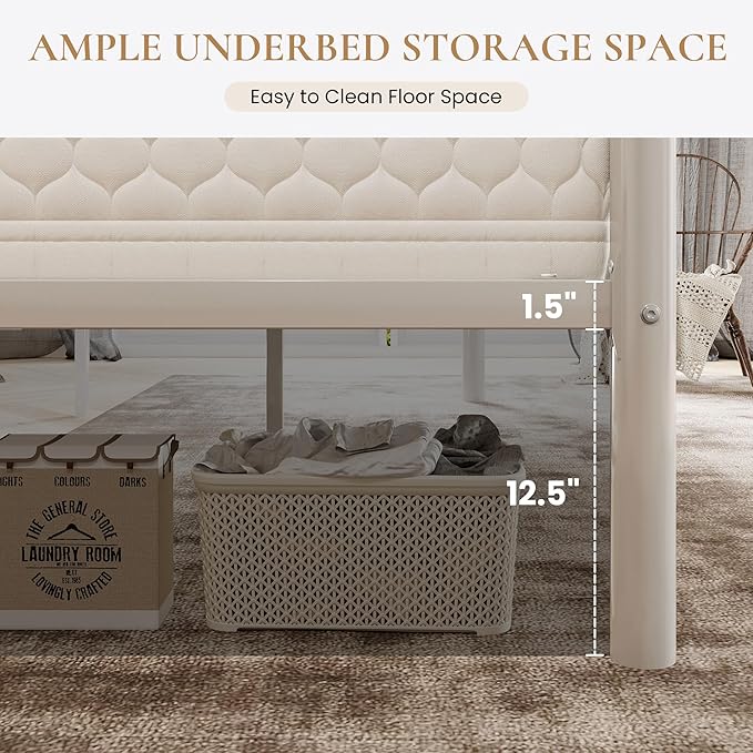 SHA CERLIN 14 Inch Full Size Metal Bed Frame with Iron-Art Headboard and Footboard,Under Bed Storage Space,Platform Bed with Metal Slats Support,Easy Assembly,Noise Free,No Box Spring Needed,White