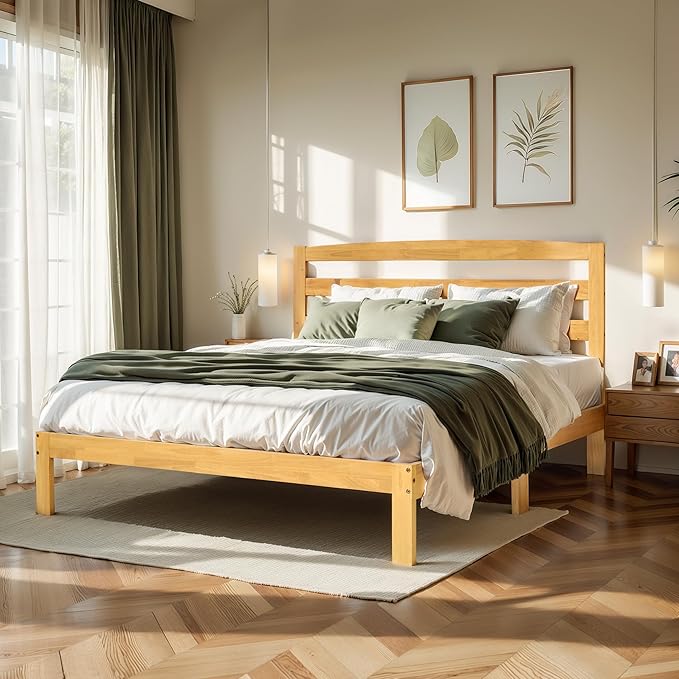 Hokway Wood Queen Bed Frame with Headboard-No Wobble,Noise-Free,Easy Assembly with Precise Holes,12 in Reinforced Center Legs,No Box Spring Needed,Natural