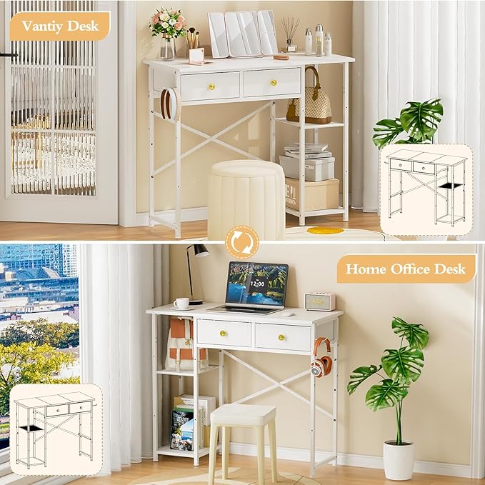 White Vanity Desk Without Mirror for Bedroom, Makeup Desk with 2 Fabric Drawers, Vanity Desk with Iron Hook, 36 Inches Vanity with Storage, White