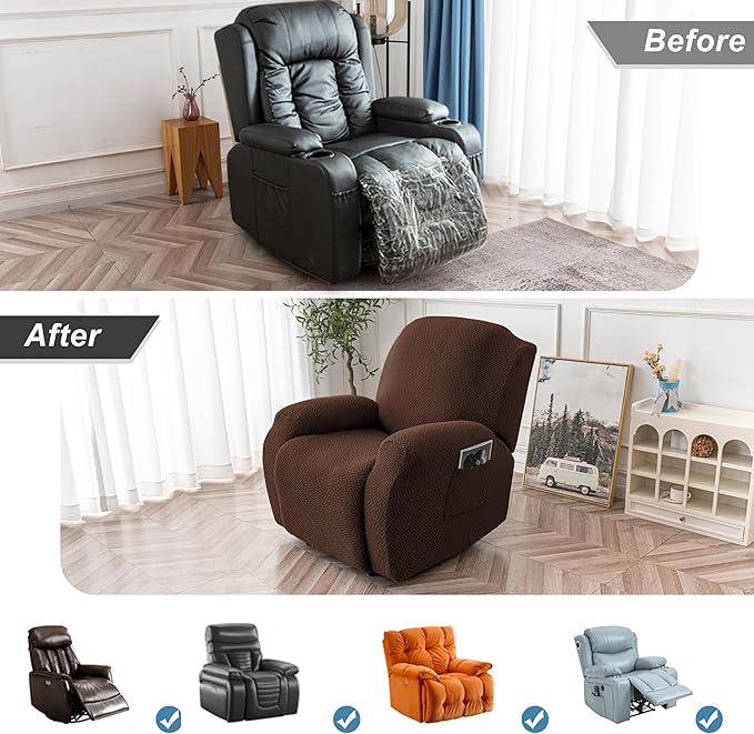 Genina Recliner Chair Covers, Stretch Reclining Chair Cover, Recliner Sofa Slipcovers Stripe Jacquard Lazy Couch Covers Furniture Protector Covers for Pet Kid (Chocolate, 1 Seat)