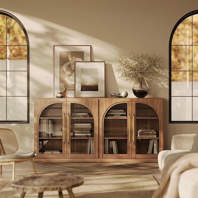 BELLEZE Set of 2 65" Arched Sideboard with Glass Door, Accent Buffet Cabinet with Storage and Adjustable Shelves, Classic Modern Large Console Table for Dining Room Living Room Entryway (Camel)
