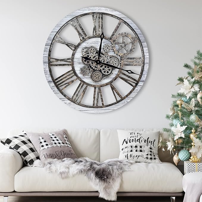 The B-Style Large Wall Clock 24 inch Moving Gear Wall Clock Oversized Vintage Farmhouse Wall Clocks for Living Room Decor Rustic Industrial Wood Clock (Gray White and Bronze Gears, 30 inch/76cm)