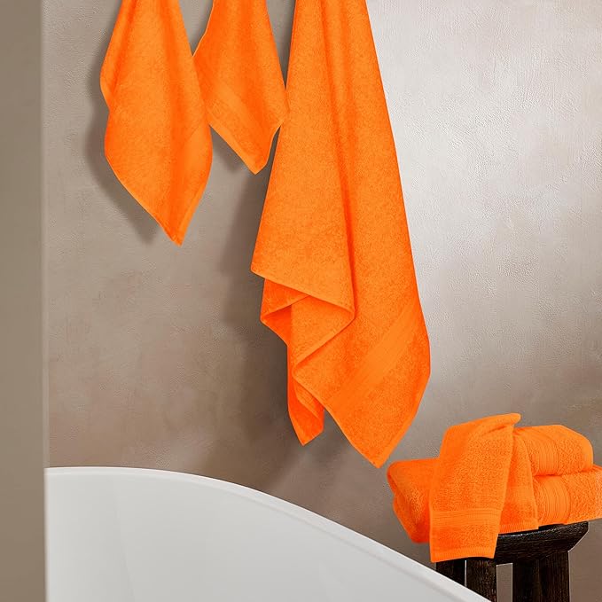 BOUTIQUO 6 Pack Cotton Towel Set, Contains 2 Bath Towels 27x54 inch, 2 Hand Towels 16x24 inch & 2 Wash Coths 12x12 inch, Ideal Everyday use, Ultra Soft Compact & Lightweight - Orange