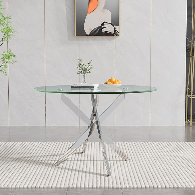47.24" Round Glass Dining Table Modern Kitchen Glass Top Table for 6 with Silver Metal Legs, Clear Dining Table Kitchen Table for Home Office Dining Room