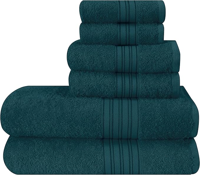 BOUTIQUO 6 Pack Cotton Towel Set, Contains 2 Bath Towels 28x55 inch, 2 Hand Towels 16x24 inch & 2 Wash Coths 12x12 inch, Ideal Everyday use, Ultra Soft Compact & Lightweight - Teal