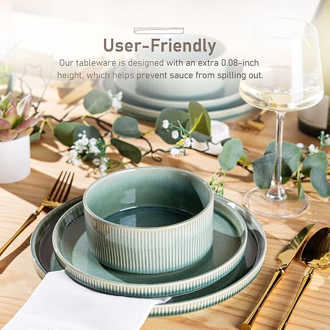 GBHOME Stoneware Dinnerware Sets for 4,Round Reactive Glaze Ceramic Plates and Bowls Set,Highly Scratch Resistant | Dishwasher & Microwave Safe Dishes Set,Service for 4(12Pcs),Malachite Green